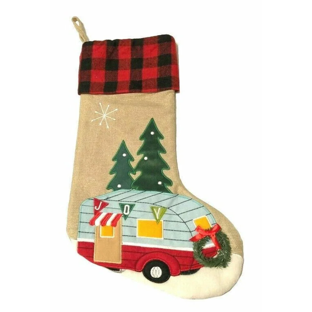 Christmas Stocking Camper RV Tree Wreath Buffalo Check Embroidered Camp Cabin